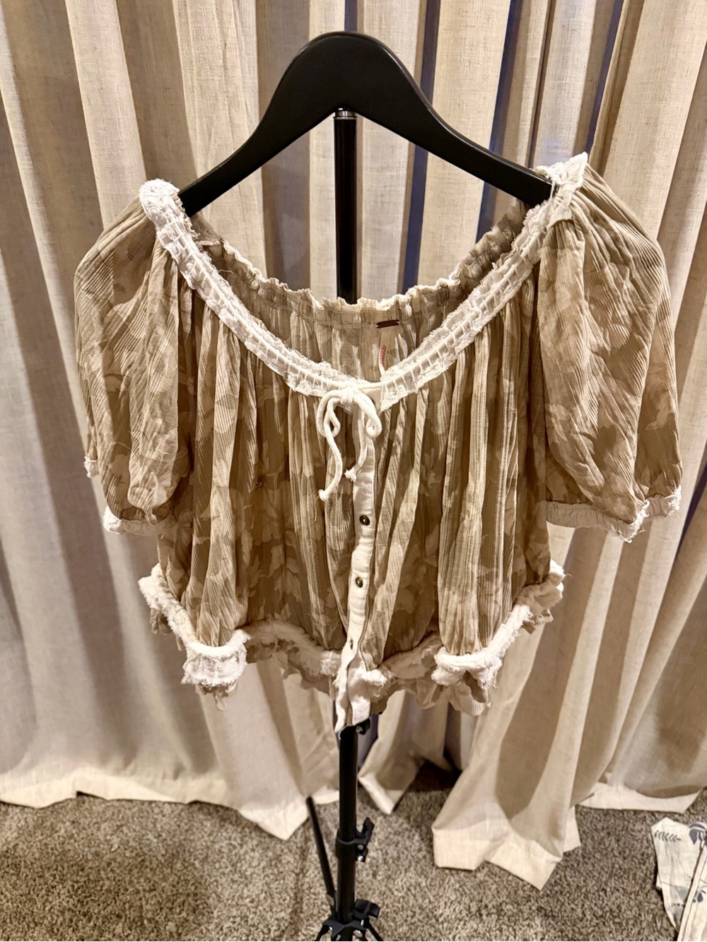Free People Beige Off-Shoulder Peasant Blouse with White Trim